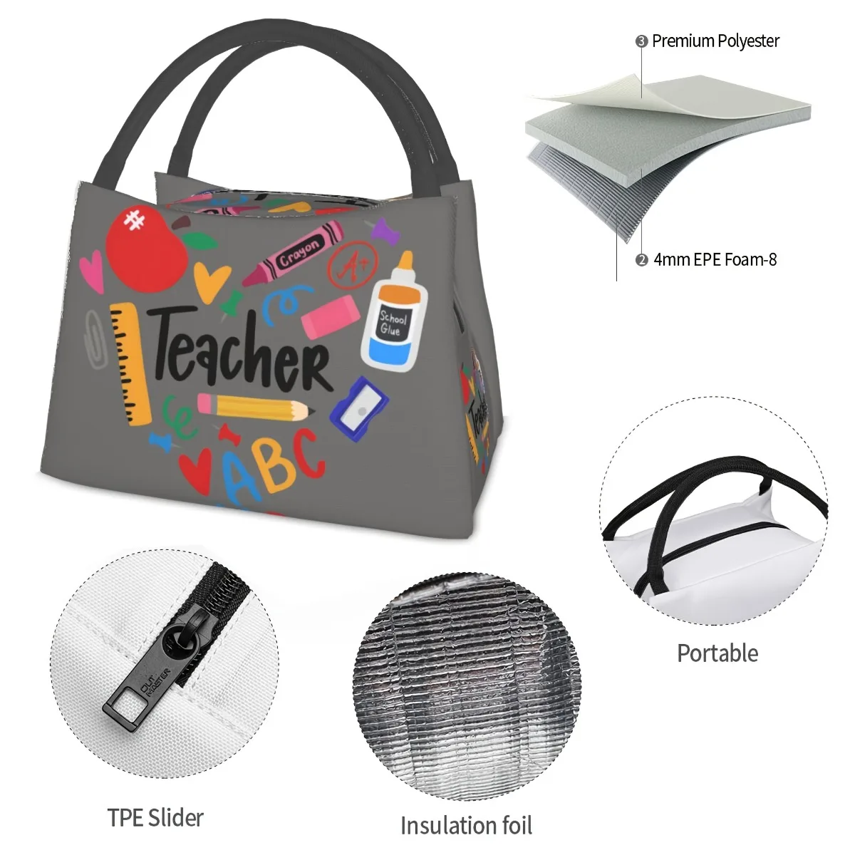 Stylish Teacher-Themed Insulated Lunch Bag - Durable Canvas Tote With Colorful School Prints,for School, Office, Travel, Picnics