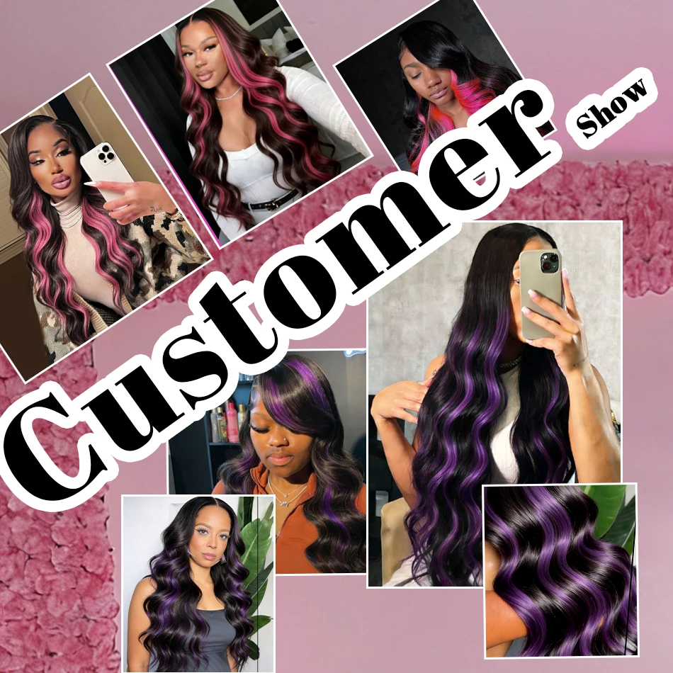 Ombre 1B/Pink 13x6 Lace Frontal Wig Human Hair 230% Body Wave Stripe Highlight Dark Purple Curly 13x4 Lace Front Wigs For Women - Image 3