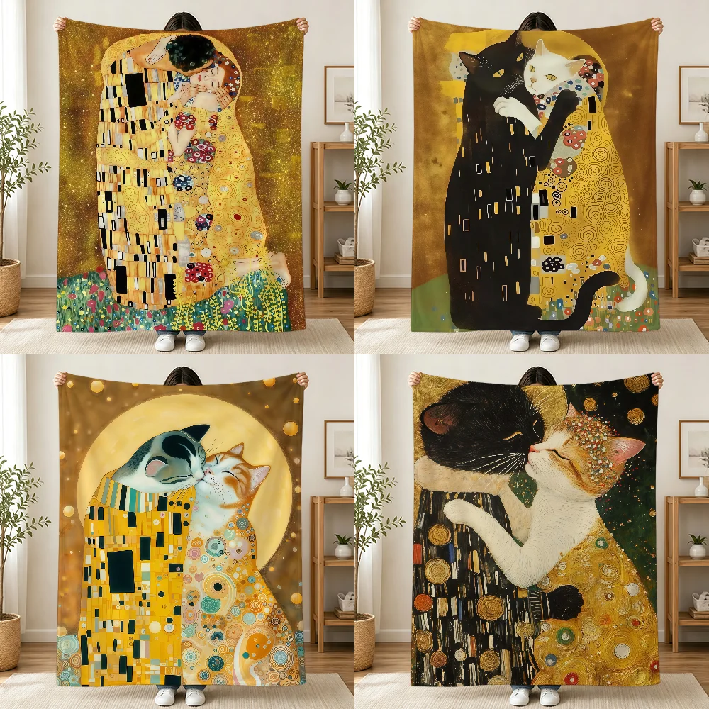 Art Gustav Klimt The Kiss CAT Blanket Printed Flannel Soft Warm Cozy Season Nap Bed Sofa Travel Camping Gift Adults Kids