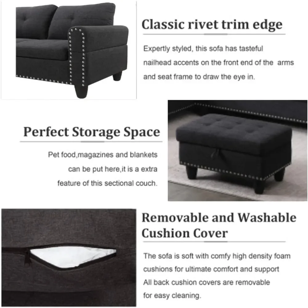 Sectional Sofa with Ottoman Nail-Head Design Linen Right Facing Modern Couches with Cup Holder L Shaped Sectional Sofa image 3