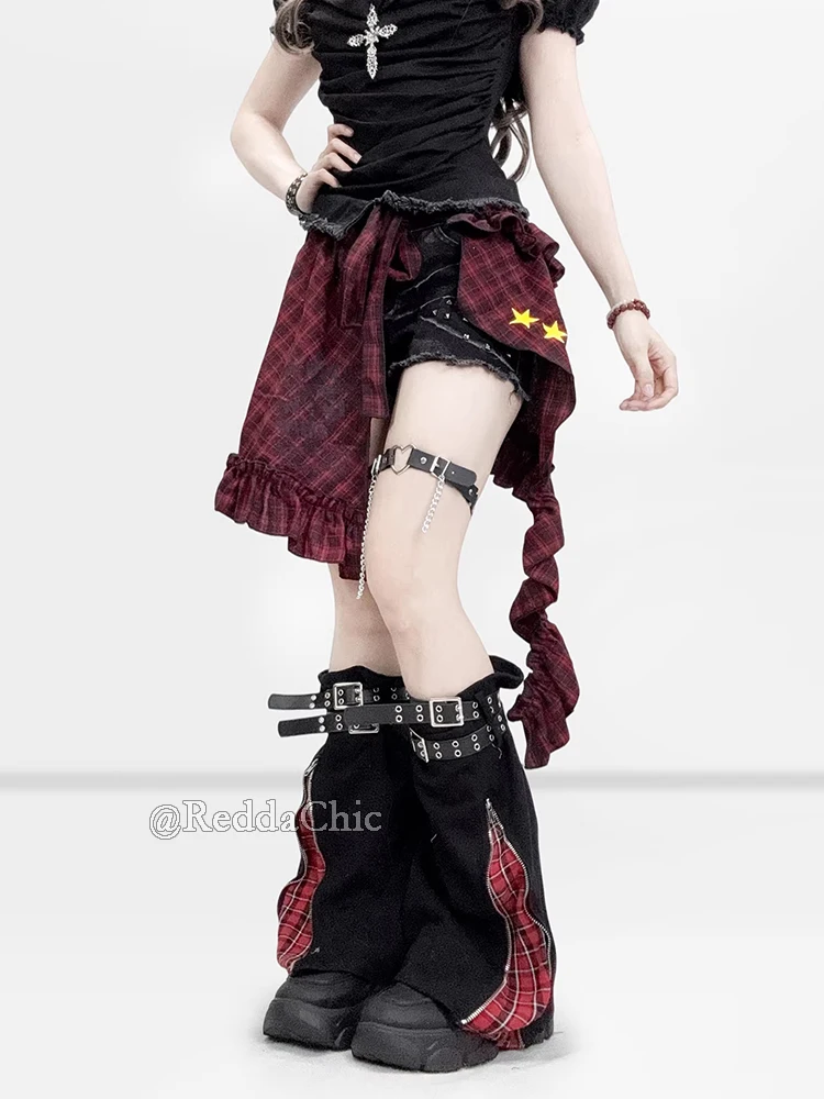 REDDACHiC 2-Way Zip Leg Warmers Women Grunge Retro Tartan Splice Knee Long Flare Denim Boots Cover Gothic Alternative Clothing