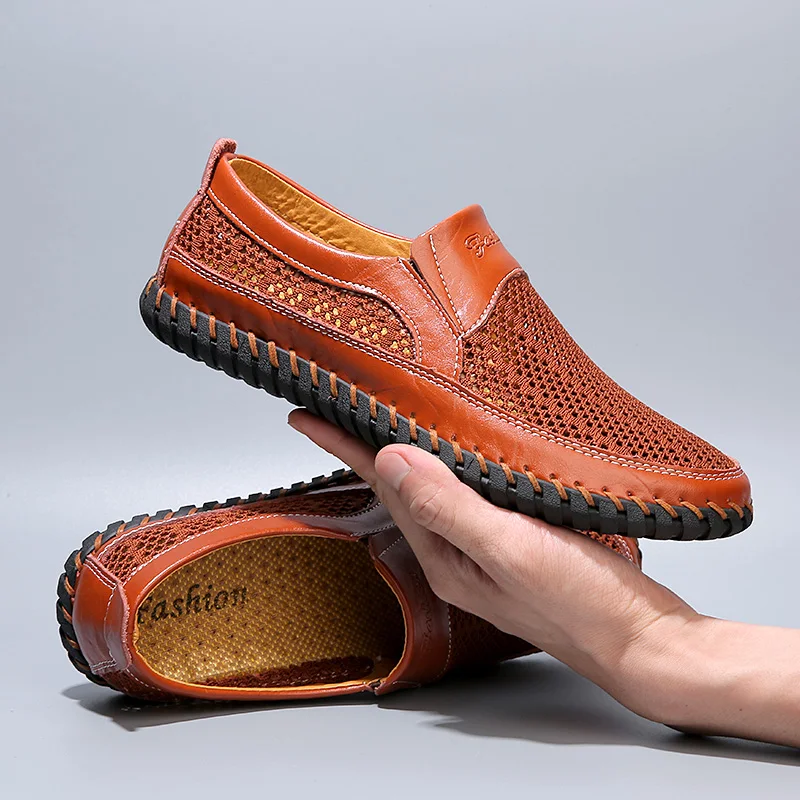 

Men Casual Shoes Hollowed Out Breathable Hand Sewn Flat Bottomed Comfortable Leisure Loafers