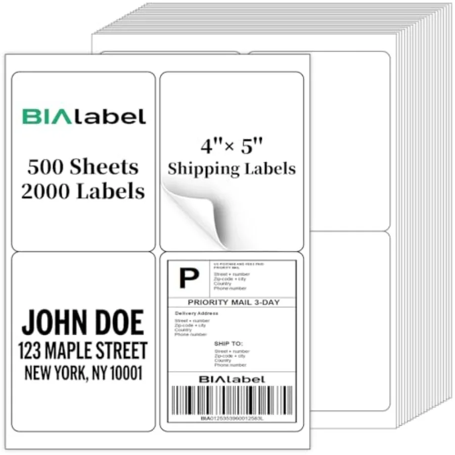 

2000 Labels 4-Up 5'' Shipping Address Barcode Labels for Laser and Inkjet Printers White Permanent Adhesive