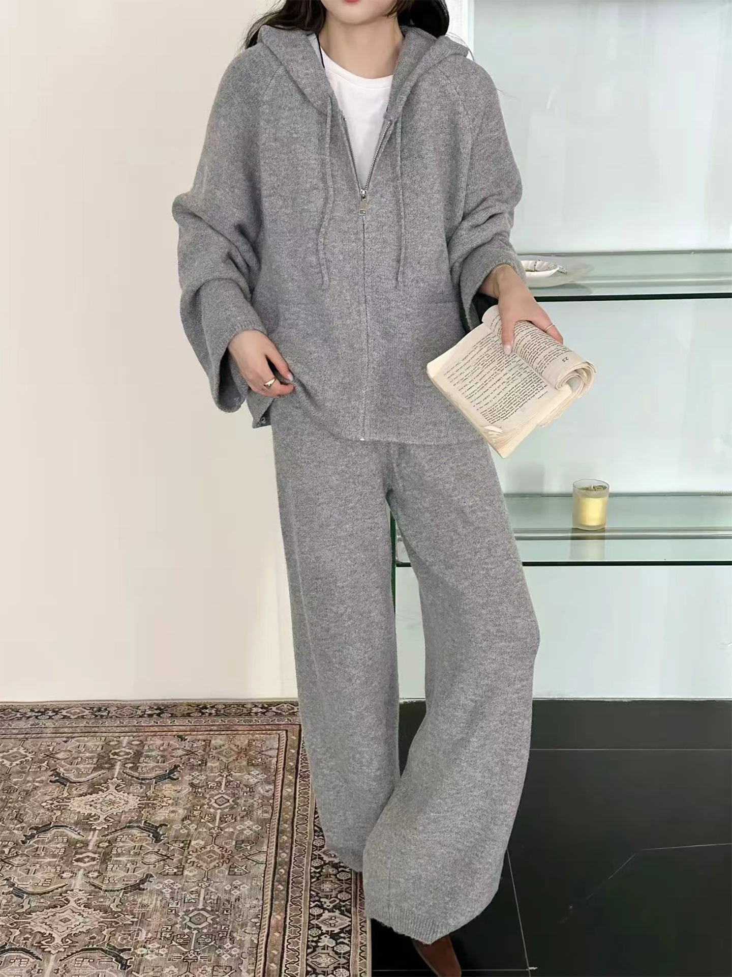 Liangliang Lazy Style Zipper Knitted Hat Women's Two-Piece Set Winter Wide Leg Pants Long Pants Cardigan Sweater Coat Set