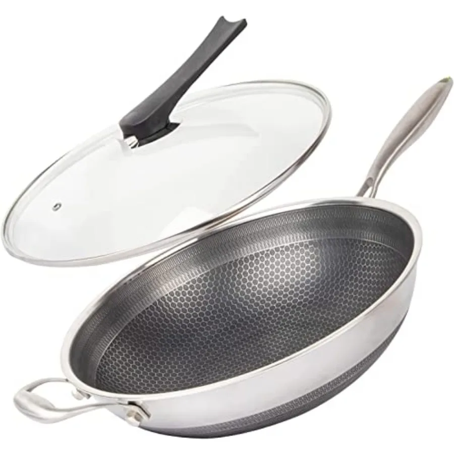 

316L Staless Steel Stir-fry Wok with LidNon Stick Skillet with Stay-cool Handle PFOA Free Suitable for duction Ceramic Electric