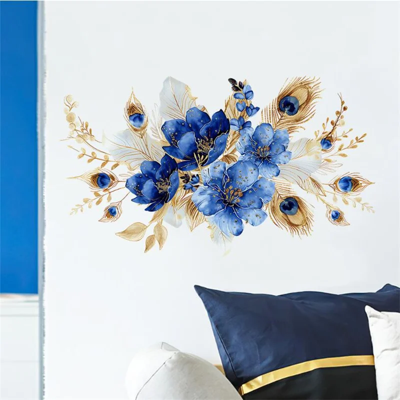 1PCS Watercolor Blue Flower Wall Sticker For Bedroom Living Room Home Background Wall Decoration Self-Adhesive Wholesale 24*39CM