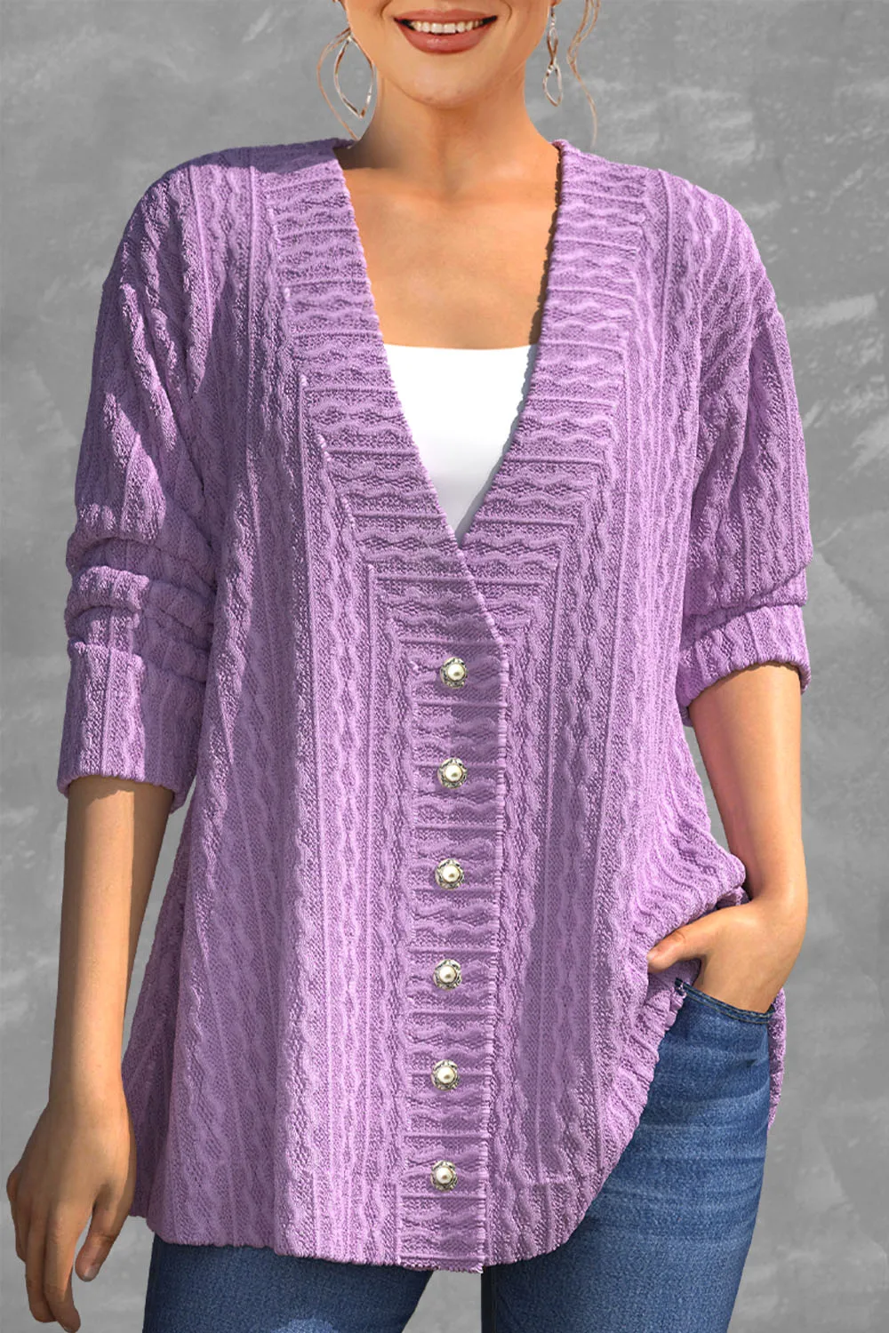 Flycurvy Plus Size Women's Casual Purple Knitted Cardigan Single-Breasted Sweater Comfortable Loose Fit