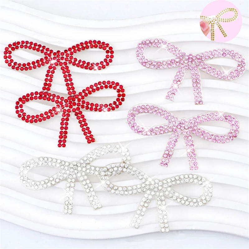 Self Adhesive Bow Shape Pink Patches AB Rhinestone Applique Beaded Patches For Clothing DIY Hair Clip Decoration Sew Accessories