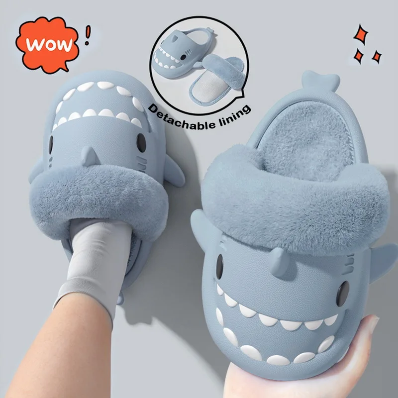 Shark Slippers for Women Winter Detachable Cozy Cotton Slippers Warm Thicken Non-Slip Shoes Indoor Outdoor Couple Plush Slides