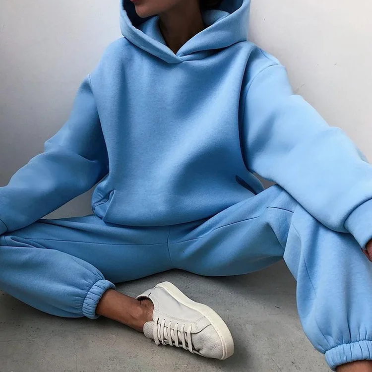 2 Pieces Set Women New Fashion Leisure Autumn Winter Pure Color Fleece Hooded two-piece Sports Suits Dropshipping LKX21660