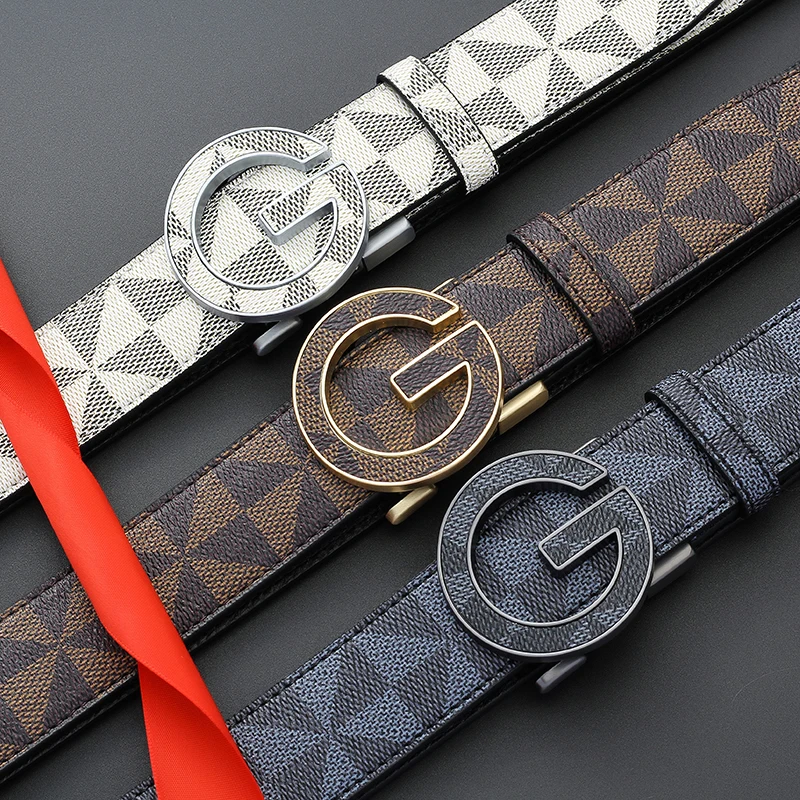 Men's Luxury Automatic Buckle Belt Classic Triangle Pattern PU Leather Business Casual Waistband for Jeans