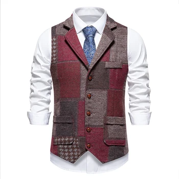 Green Men Vest Tweed Plaid Waistcoat Slim Fit Lapel Plaid Suit Vest Herringbone Vintage Vest For Wedding Groomsmen 4