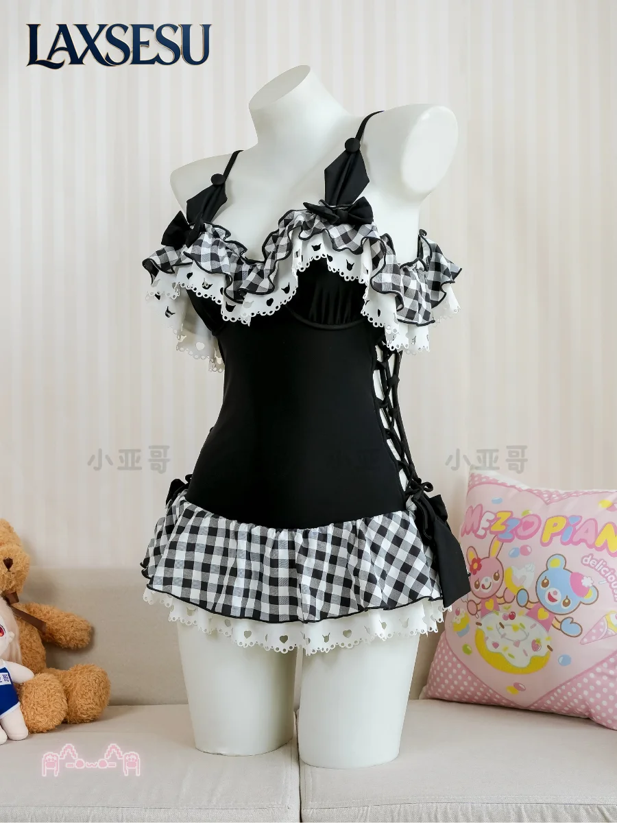 New Summer Japanese Kawaii Bikinis Set Black and White Lace Edge One-piece Swimsuit Y2K Girls' Swimwears Set for Women view 3