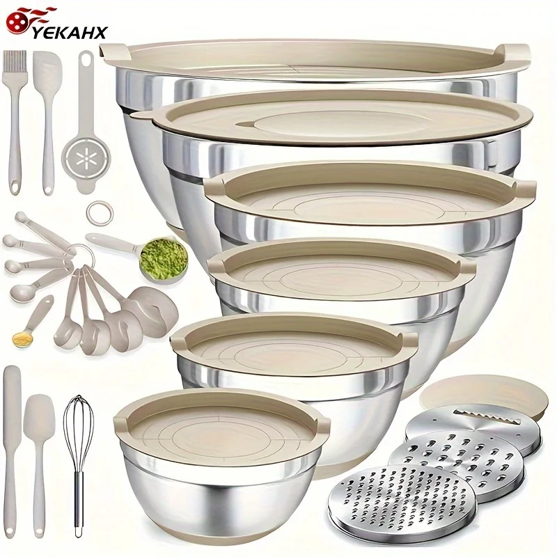 usMixing Bowls with Airtight Lids, 26pcs Stainless Steel Bowls Set, 3 Grater Attachments & Black Non-Slip Bottoms Size 7, 4, 2.5, 2.0, 1.5, 1QT, Great for Mixing & Servingd