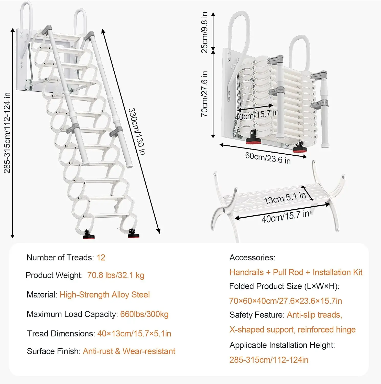 Wall Mounted Attic Ladder, 12 Steps Folding Loft Stairs with Armrests, Telescoping Retractable Ladder with Pull Rod, 600 LBS Load Capacity, White