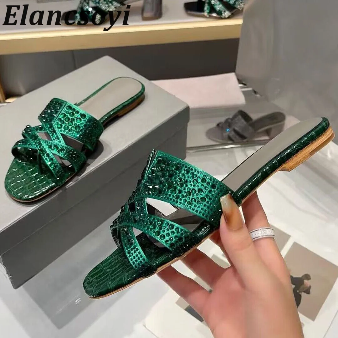 Flip Flops Bling Bling Rhinestone Split Toe Slippers Summer Women's Hallow Outs Flat Lazy Sandals Outdoor Vacation Beach Shoes