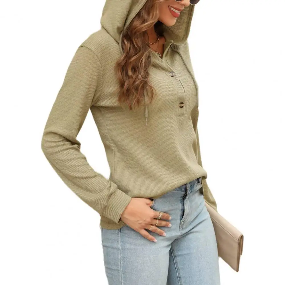 

Elegant Waffle Texture Women Hoodie Drawstring Hooded Long Sleeve Button Decor Breathable Pullover Top