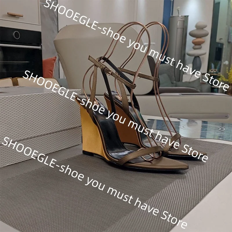 Women Brown Yellow Contrast Wedge Heel Multi-Strap Design Pumps Ankle Strap Detail Pointed Toe Elegance Dress Ladies Casual Shoe