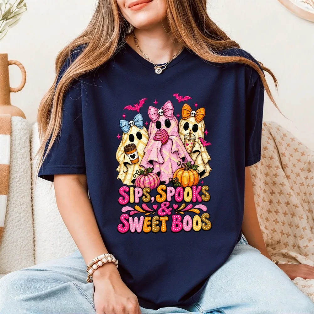 Sips Spooks And Sweet Boos Tee Cute Ghost Pumpkin Halloween Graphic T-Shirt Autumn Funny Holiday Unisex Cotton Tee Hallowmas Top