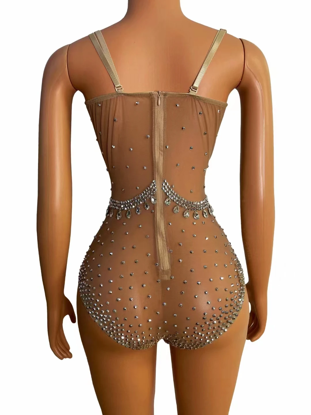 ชุดบอดี้สูทตาข่ายซีทรูเซ็กซี่ ประดับกลิตเตอร์และคริสตัล สำหรับการแสดงบนเวที บาร์ โพลแดนซ์ ดีเจ นักเต้น แอคโรบิก