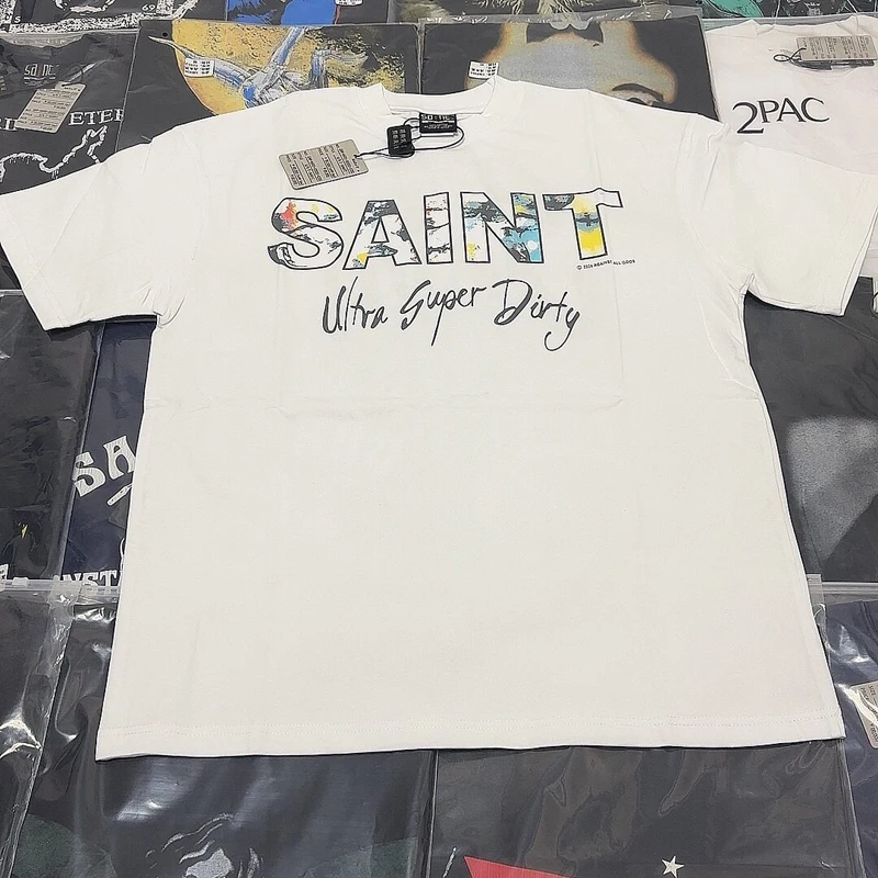 Real Photo Summer Street Comic Graffiti Letter Saint Tshirts Heavy Retro Washed Round Neck Short Sleeve Men Women Casual Tops
