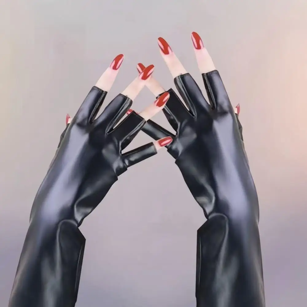 نساء موضة طويلة قفازات جلدية حقيقية شتاء دافئ صوف مبطن أصابع قفازات فاسق قفازات سوداء تأثيري اكسسوارات الحفلات