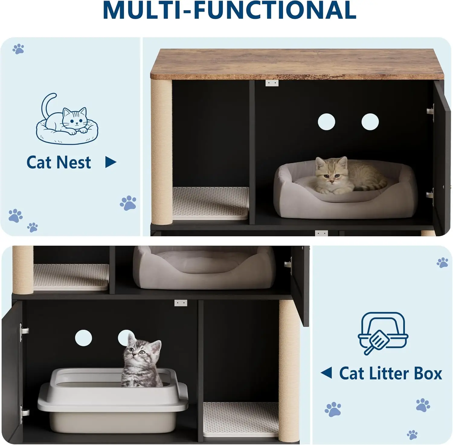 Cat Litter Box Enclosure, Double Compartment Hidden Litter Box Furniture with Scratching Posts, Wooden Cat House with End Table,