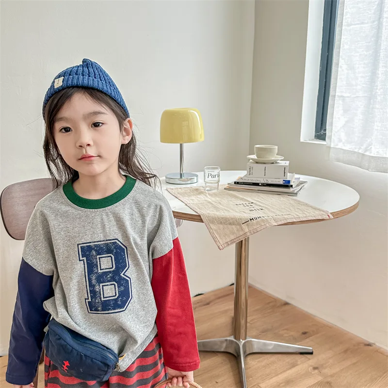 

2024 Autumn Children Clothes Boy Girl Letter Splicing Long Sleeve T-shirt Toddler Cotton Bottoming Shirt Loose Baby Casual Tops