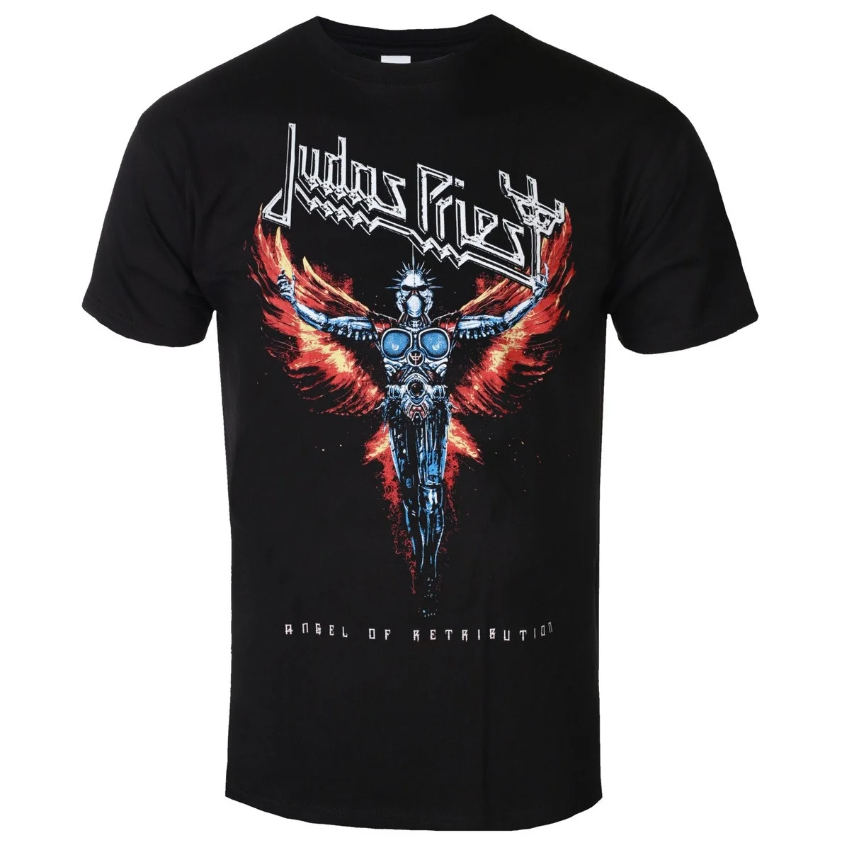 Judas Priest Vibrant Retro Oil Painting Blue Metallic Angel Red Flame Wings Front Print Back White Full Album Song List Logo Tee