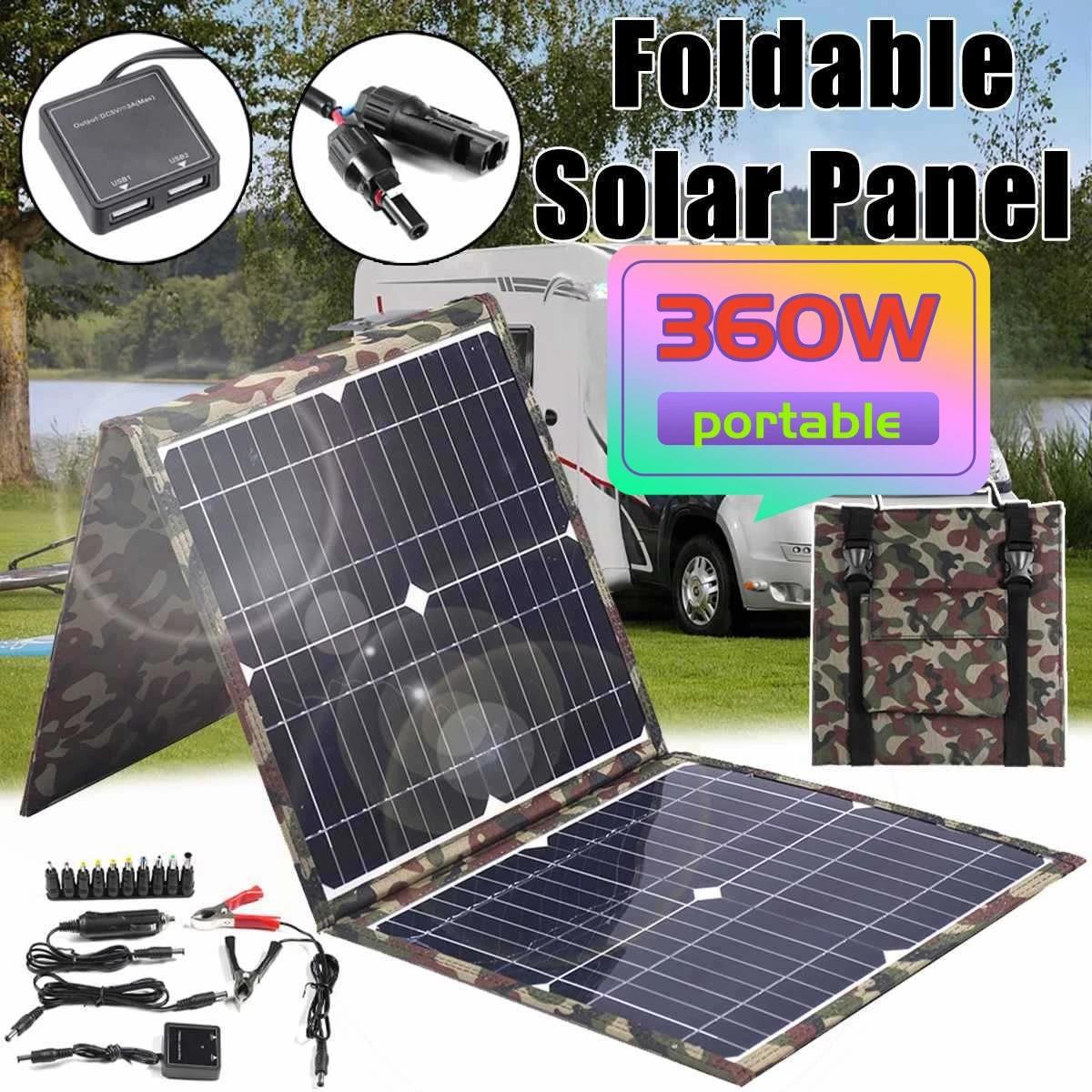 360W Solar Panel Kit Complete Camping Foldable Solar Power Station MPPT Portable Generator Charger 18V for Car Boat Caravan Camp