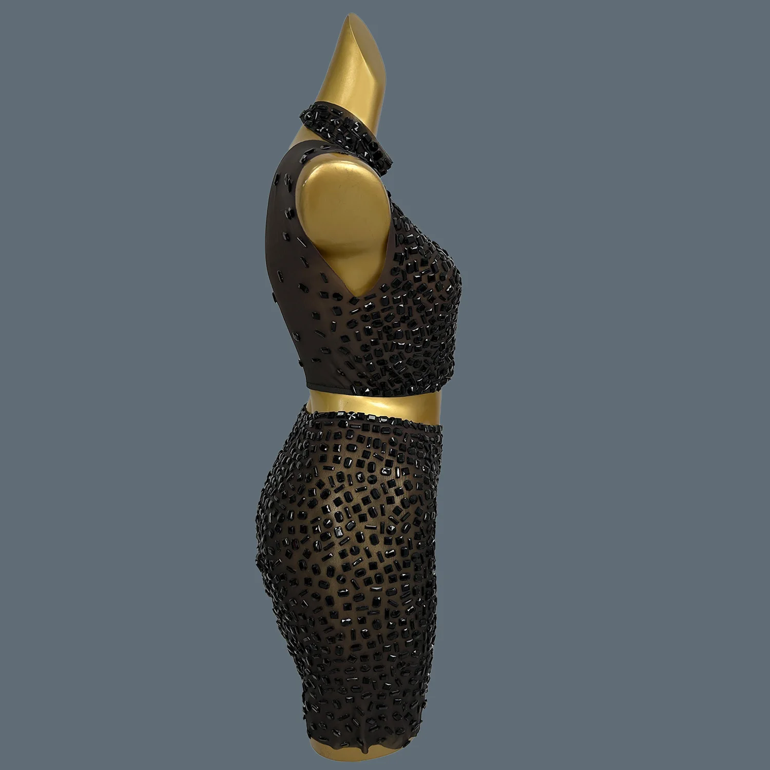 夏キラキラ黒ラインストーンドレススーツセクシーなシアーメッシュ女性クロップトップミニスカート2ピースセット誕生日パーティー衣装bingkuai