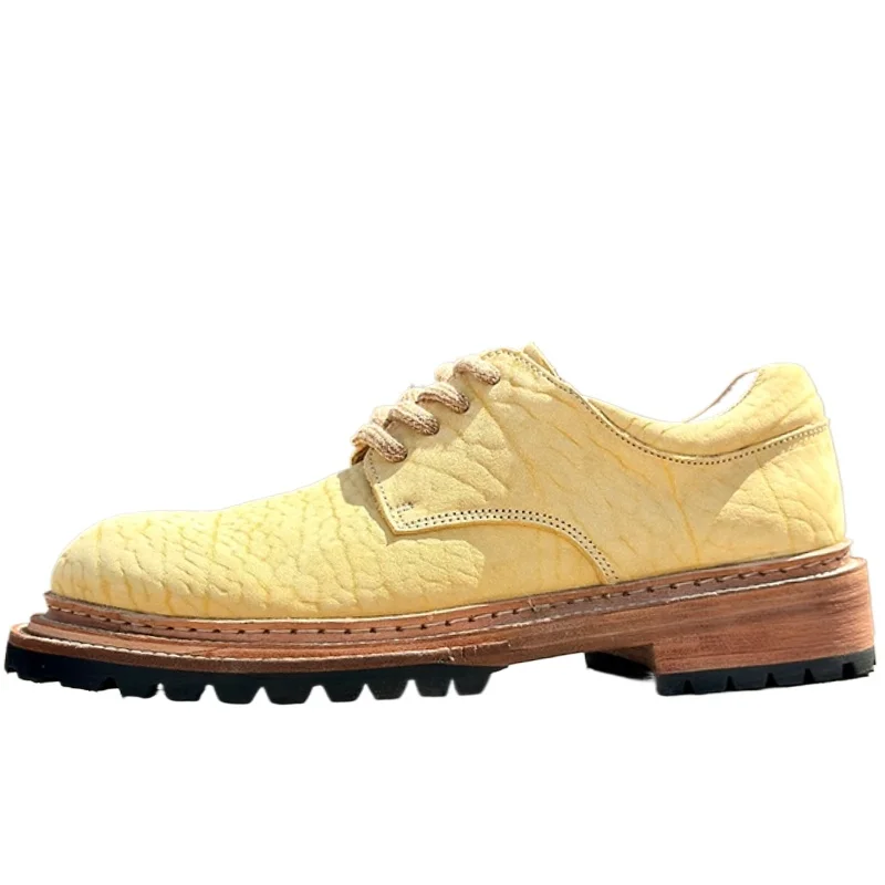 

Goodyear Hand Sewn Horse Hipped Leather Derby Shoes for Men's Beige Casual Wide Version Thick Soled Washed Horsehide Dress Shoes