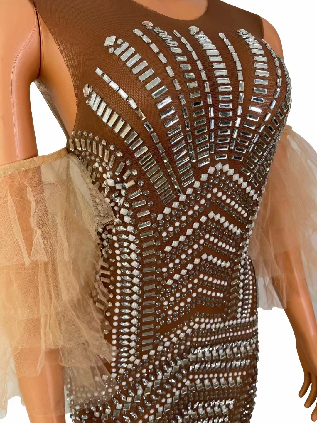 Sparkly Rhinestonesโปร่งใสBodyconชุดหรูหราจัดเลี้ยงพรหมวันเกิดPartyตาข่ายชุดนักร้องEvening Show Stageเครื่องแต่งกาย