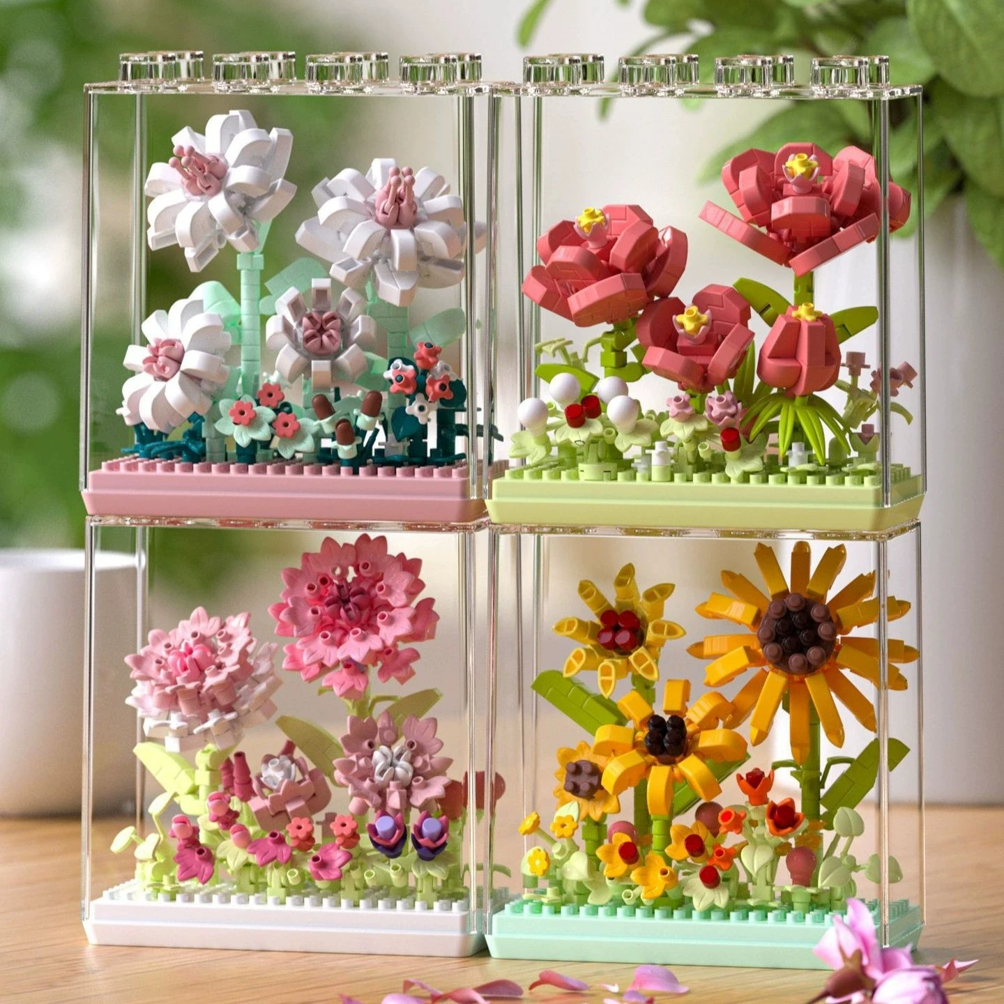 Caja de exhibición DIY, flor eterna, rosa inmortal en maceta, jardines de girasoles, bloques de construcción románticos, modelo de ladrillos, juegos para niños, Kits de juguetes