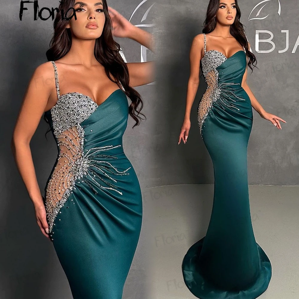 Sexy Perlen Spaghetti träger smaragdgrün Party kleid Meerjungfrau aus geschnitten Seite Taille Abend Nacht kleid lange Promi-Kleider