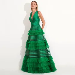 Sevintage Green Prom Dresses V-Neck Sleeveless Tiered Ruffles Tulle Pleat Ruched A-Line Evening Gowns Special Occasion Gown 2023