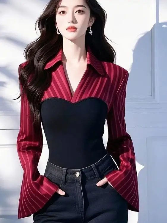 Unique Chic Striped Patchwork Long Sve Women's irt Spring Autumn Slimming Slim Fit Bell Sve Top Korean Sle Commute