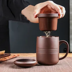 Yixing-Raw Ore Purple Sand Cup with Cover Filter Liner, Health Tea Cup, Pure Handmade Tea Cup, Office Cup, Kungfu Tea Set