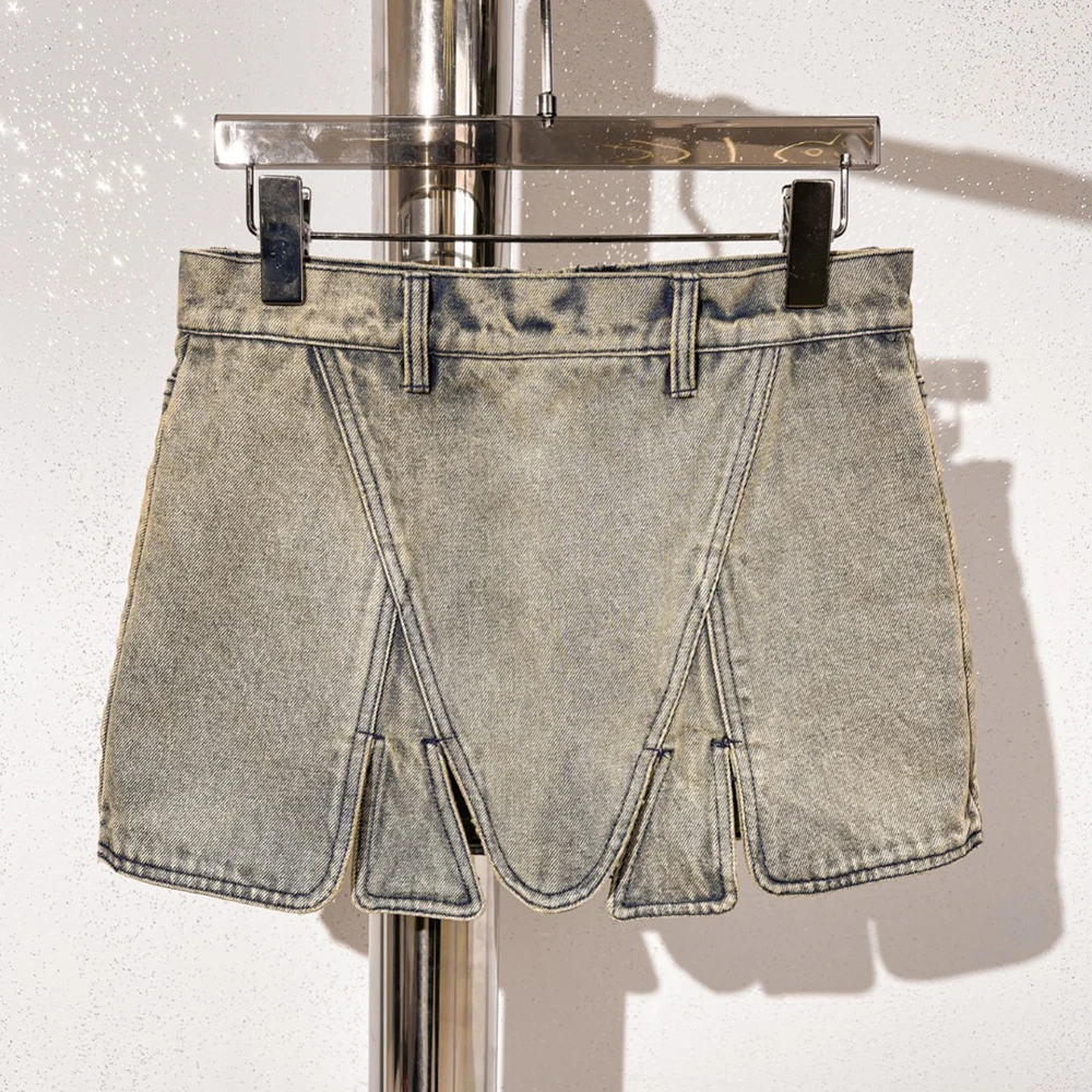 

2025 Spring & Summer New Women's Short Skirt Y2k Irregular Slit Hem Back Zipper Vintage Washed Fashion Peplum Cotton Denim Skirt