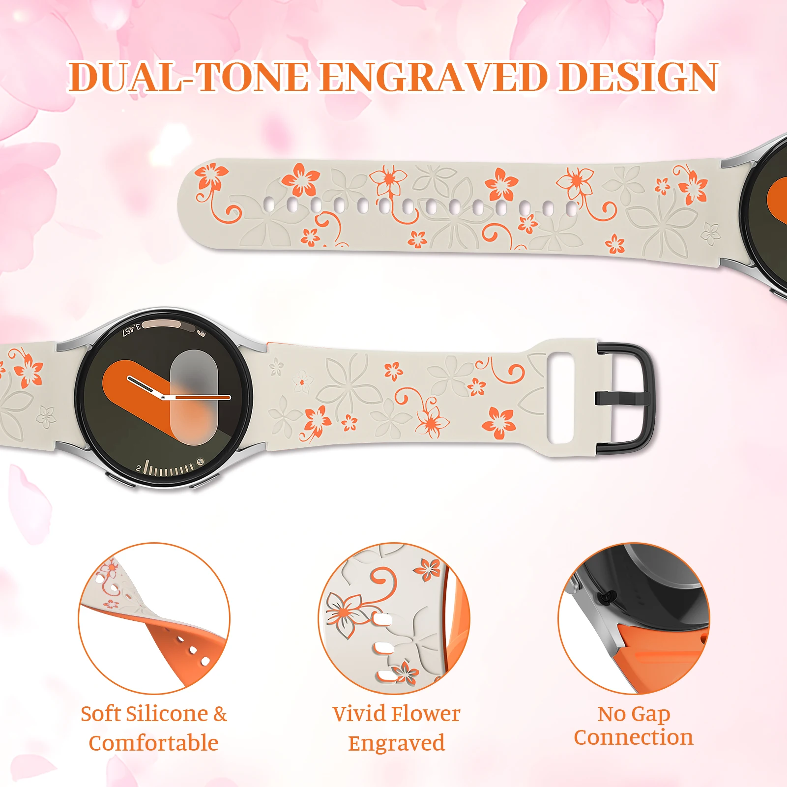 حزام سيليكون محفور لساعة سامسونج جالاكسي 7 FE/6 4 كلاسيك/5 برو 45 بدون فجوات سوار رياضي جالاكسي حزام الساعات 44 ملم 40 ملم