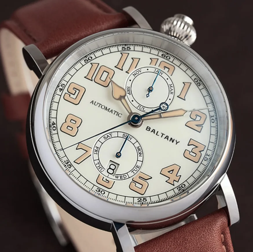 Baltany Men Automatic Watch Pilot 41mm Mechaical Wristwatch Waterproof Luminous Sapphire Mirror Miyota 9122 Month Week Date