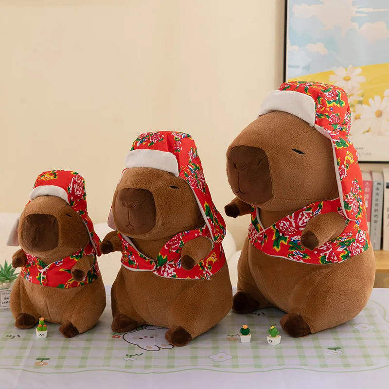 Kawaii Capybara knuffel in noordoosten Chinese bloemenjas gevulde pop voor kinderen verjaardag kerstcadeau schattige zachte dierenpop