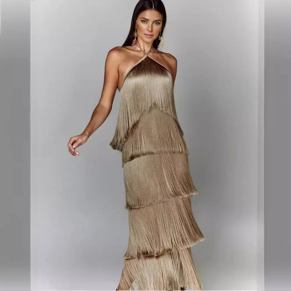 Fashion Layered Solid Color Dress Ladies Sexy Off-Shoulder High Waist Slim Dress Chic Club Party Fringed Sleeveless Long Dress