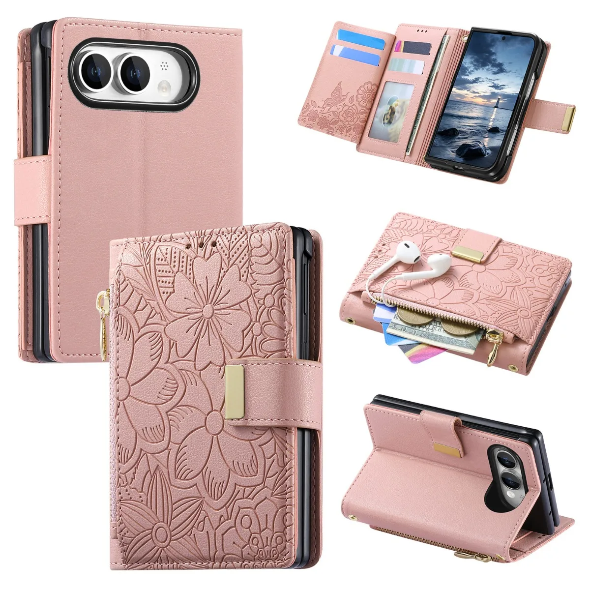 Luxuriöse Leder-Handyhülle mit Reißverschluss-Kartenfach für iPhone Duo 18, faltbar, stoßfest, schützend, mit Flip-Book-Ständer, schlanke Abdeckung