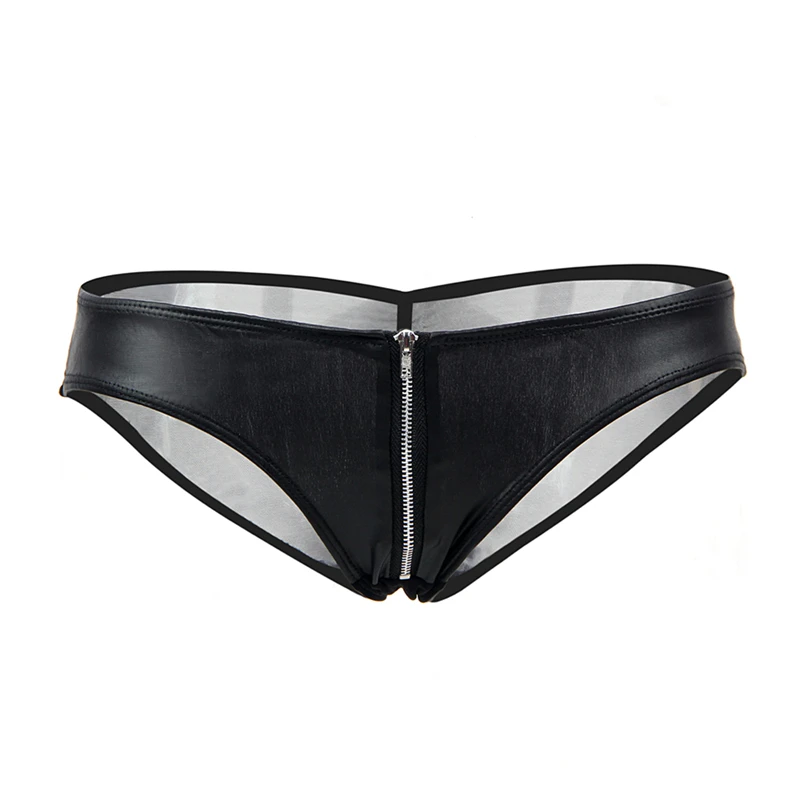 Mesh Leather Lingerie Briefs Transparent Sexy Panties Low-waist Zipper Underwear 5XL Plus Size Knickers Women Black Underpants