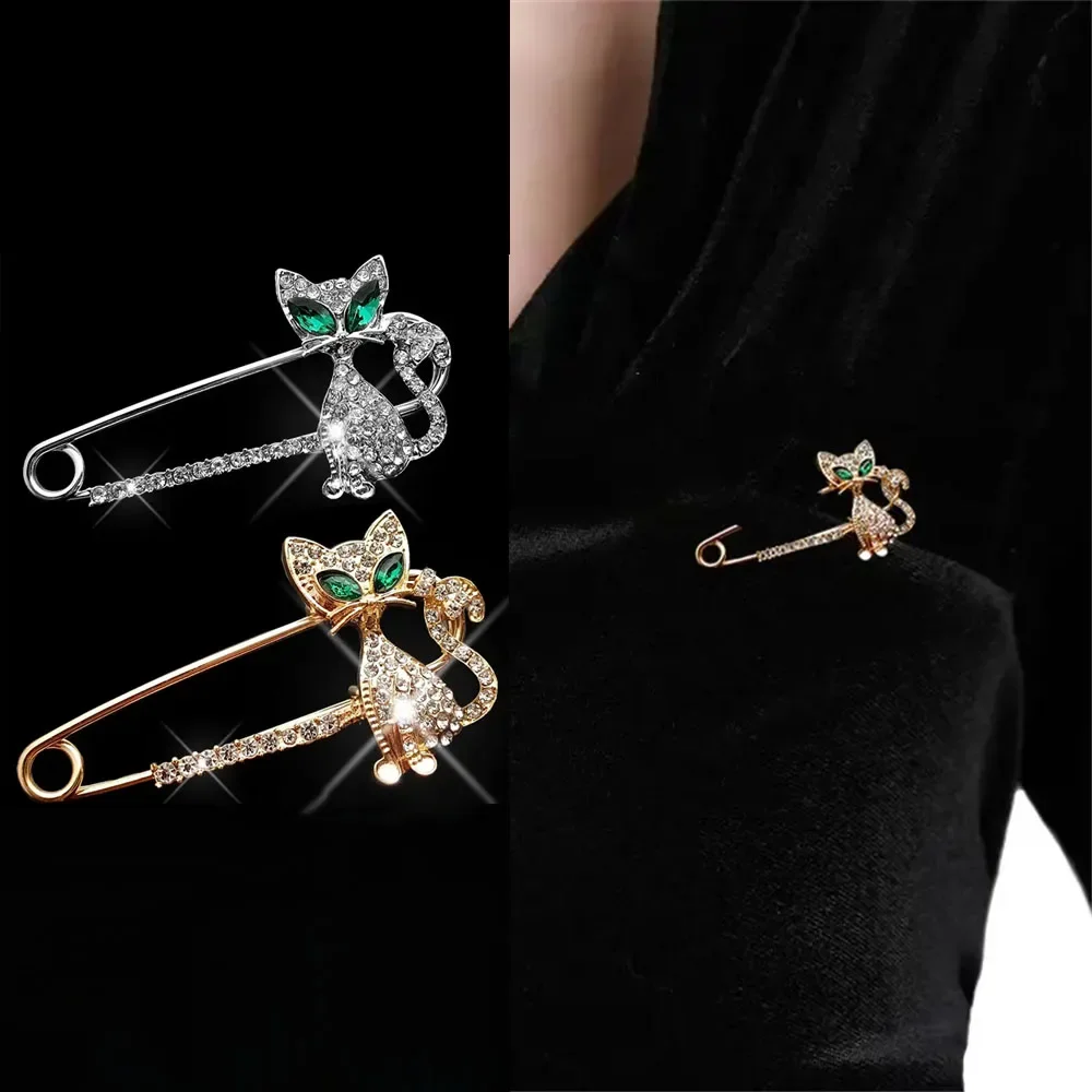 Large Safety Pin Up Jewelry for Women Alloy Crytal Lovely Cats Clips Girl Rhinestones Brooch Fashion Cute Kitty Jewelry