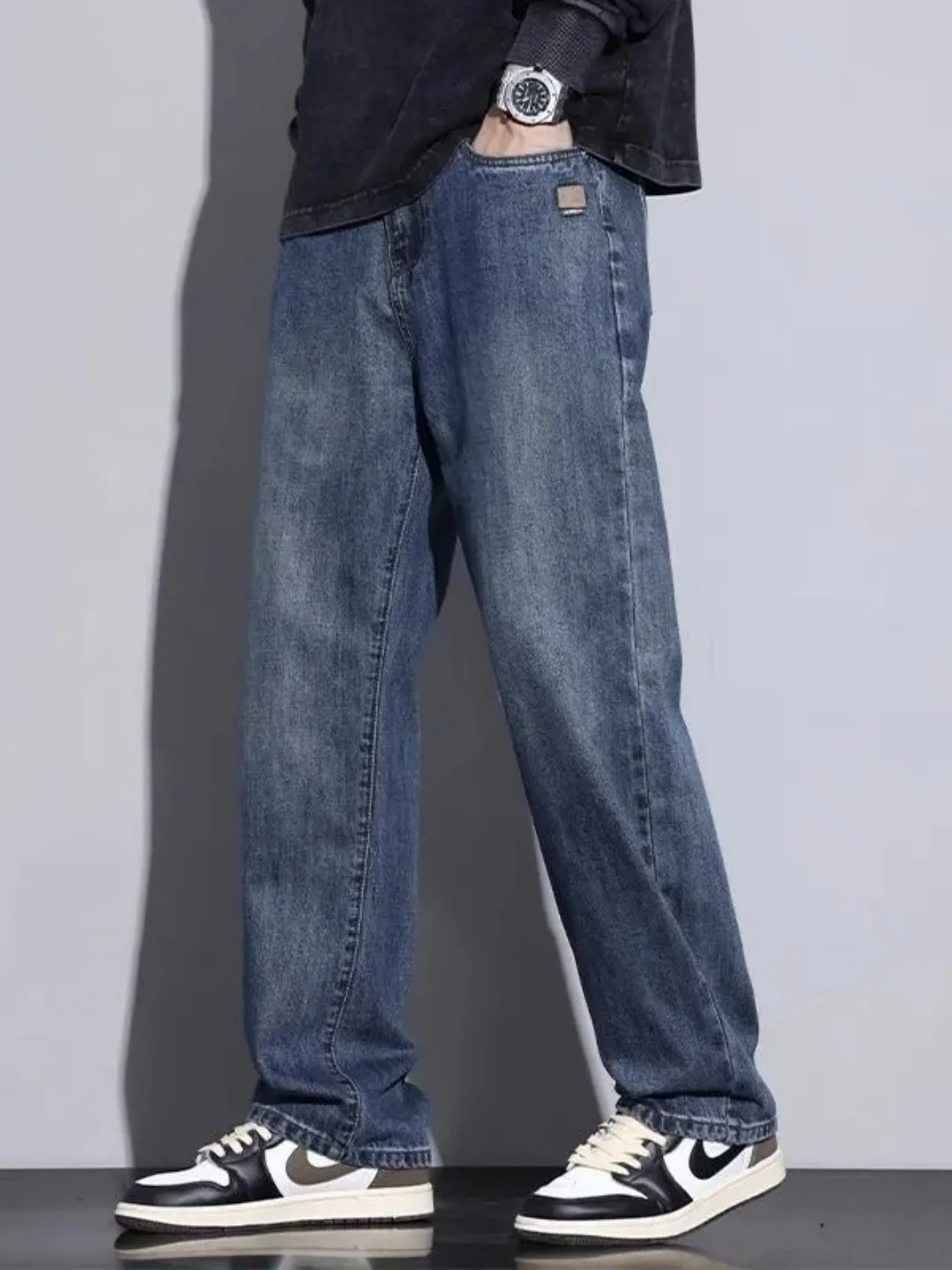 صيف 2025 جينز رجالي غير رسمي مستقيم الساق ملابس عمل مرنة متينة فضفاضة تناسب سراويل تقليدية عالية تمتد الدنيم تنفس #4