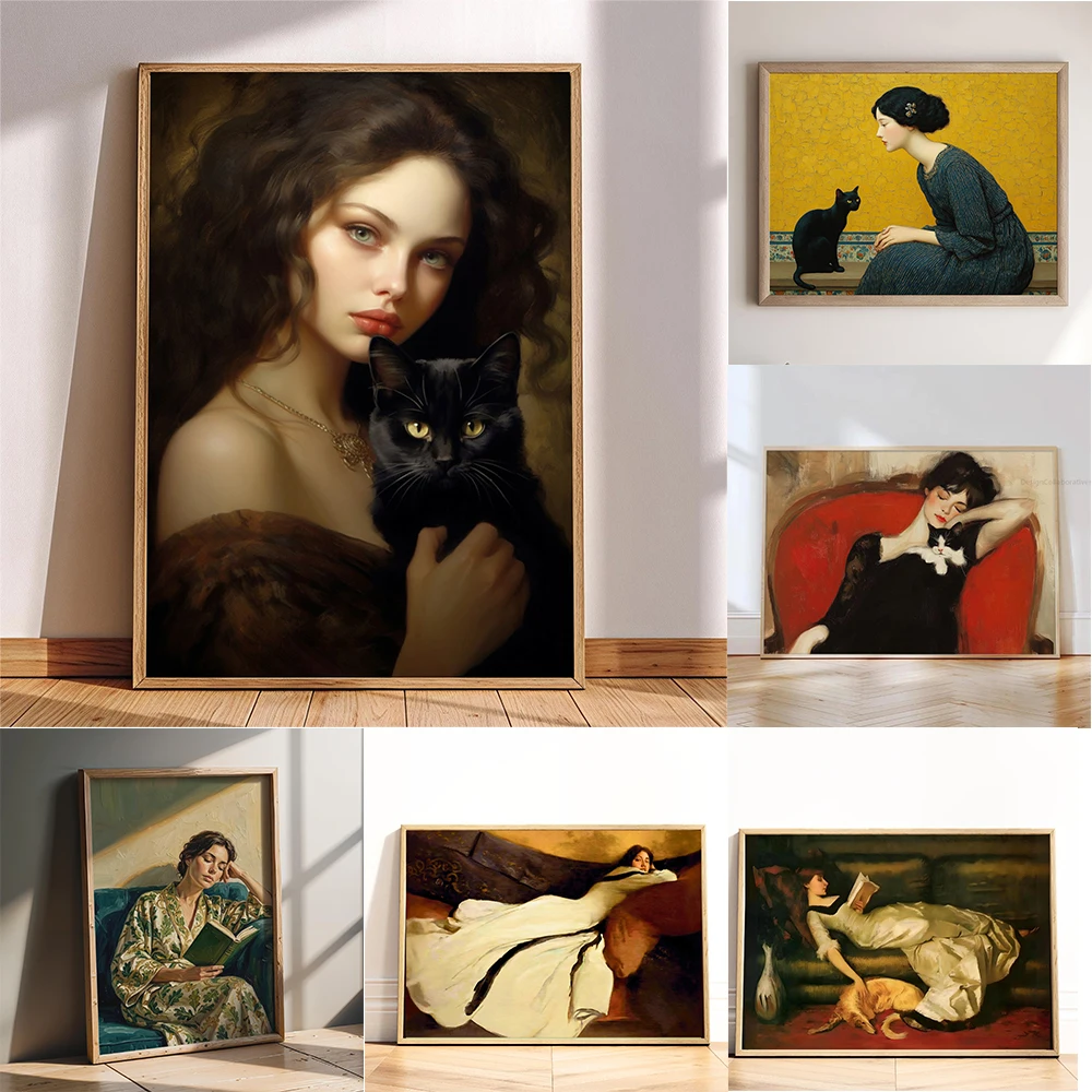 Victorian Woman on Sofa Print Moody Portrait Canvas Painting Vintage American Glam Feminine Wall Art Vintage Woman With Dog Art