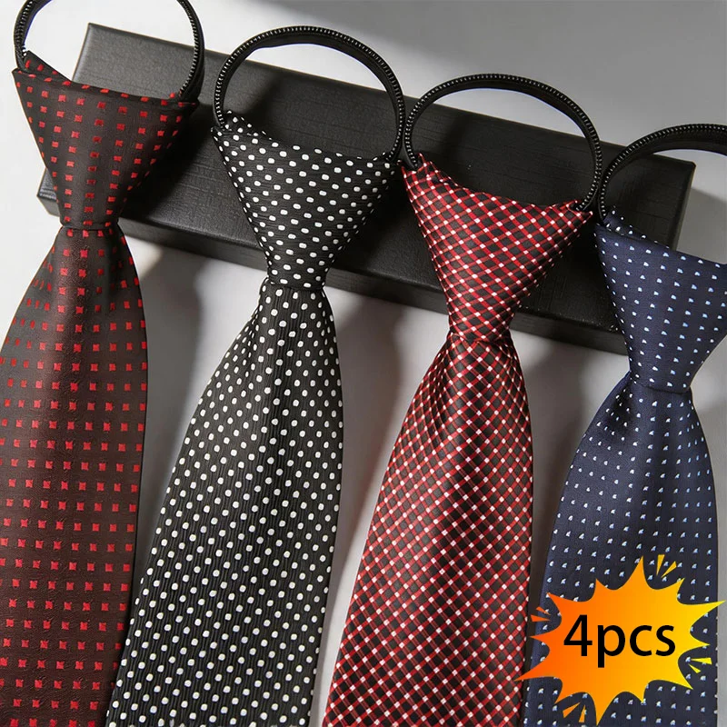 4Pcs Men's No-Tie Narrow Zipper Tie 7.5cm (2.95inch) Checkered Polka Dot Red Black Multi-Color Polyester Business Sales Front Desk Etiquette Suit Accessories