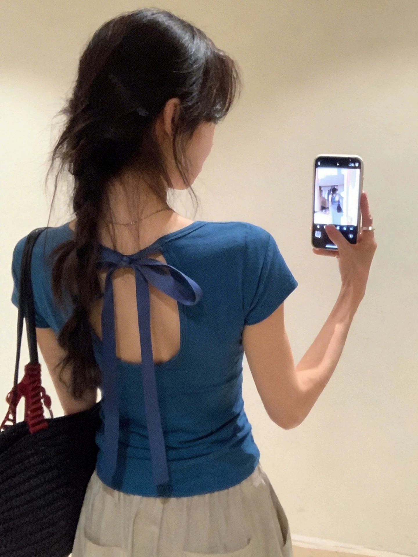 

Blue Casual Short Sleeve Hollow out Slim Fit T-Shirt Women's Summer New Style High Waist Design Daily Wear Gentle Atmosphere Top